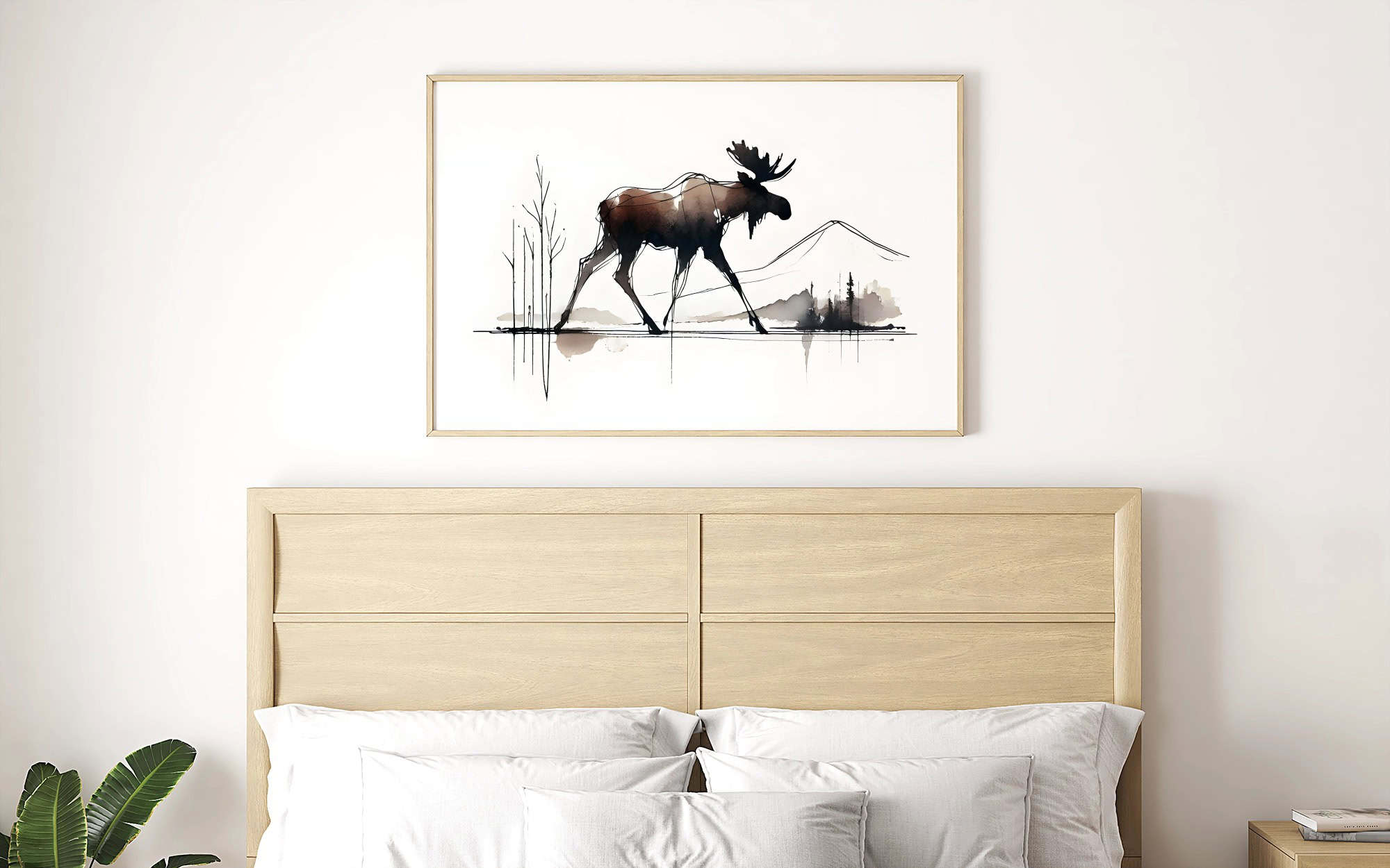 Minimalist bedroom with framed abstract moose watercolor wall art displayed above a light wood bed.