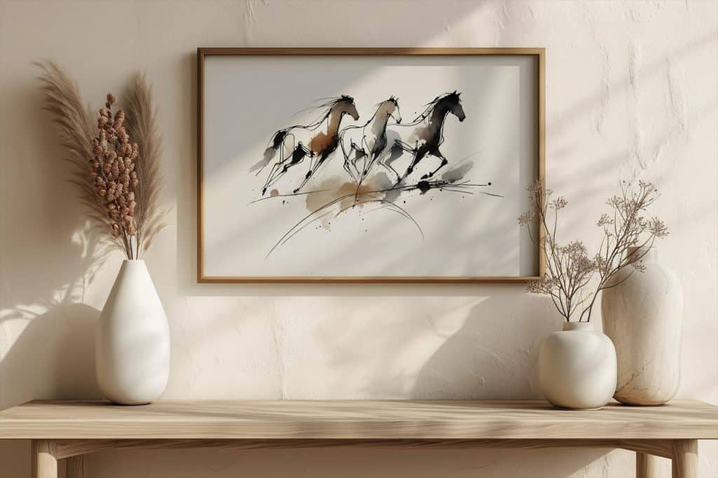 Framed abstract watercolor artwork of three running horses in neutral tones, styled on a minimalist wall with decorative vases and soft natural light.