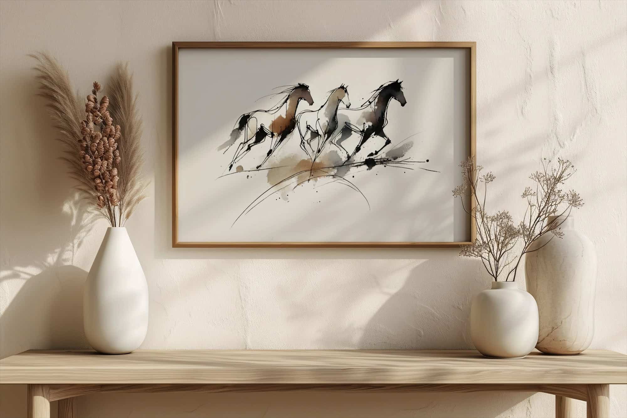 Framed abstract watercolor artwork of three running horses in neutral tones, styled on a minimalist wall with decorative vases and soft natural light.