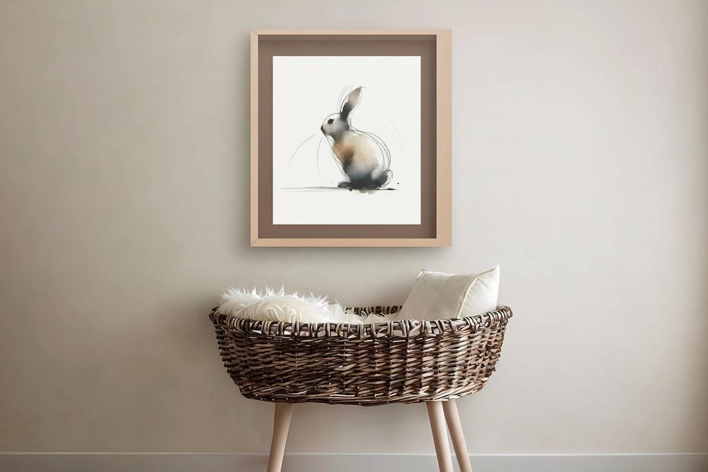 Framed abstract watercolor rabbit artwork in soft neutral tones, styled above a woven chair in a minimalist interior.