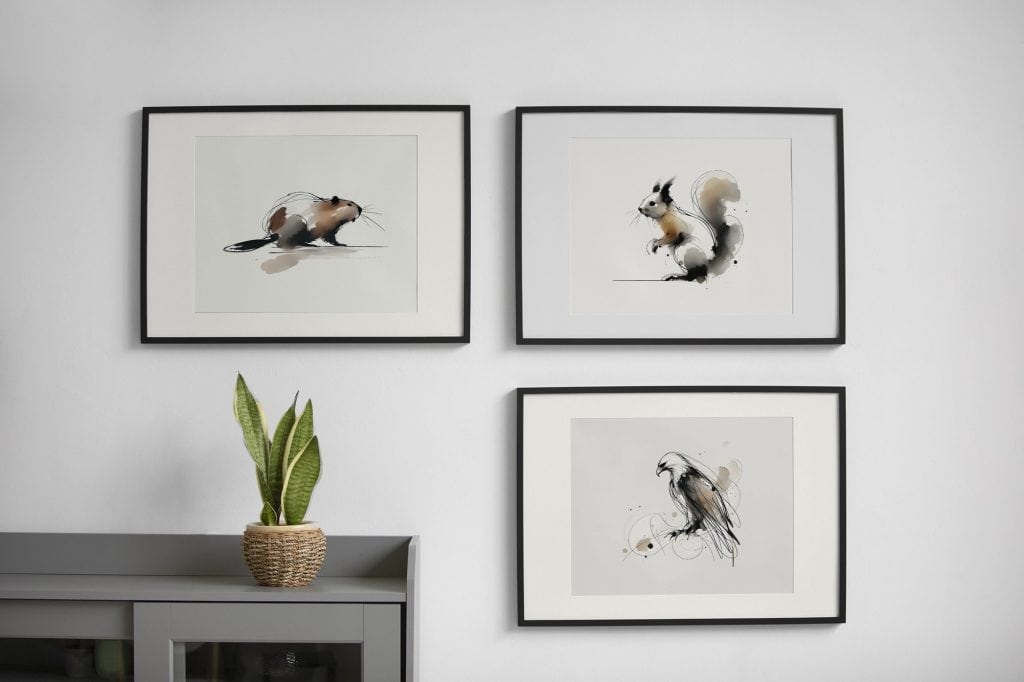 Minimalist gallery wall with framed abstract animal artwork arranged with balanced spacing in a modern interior.