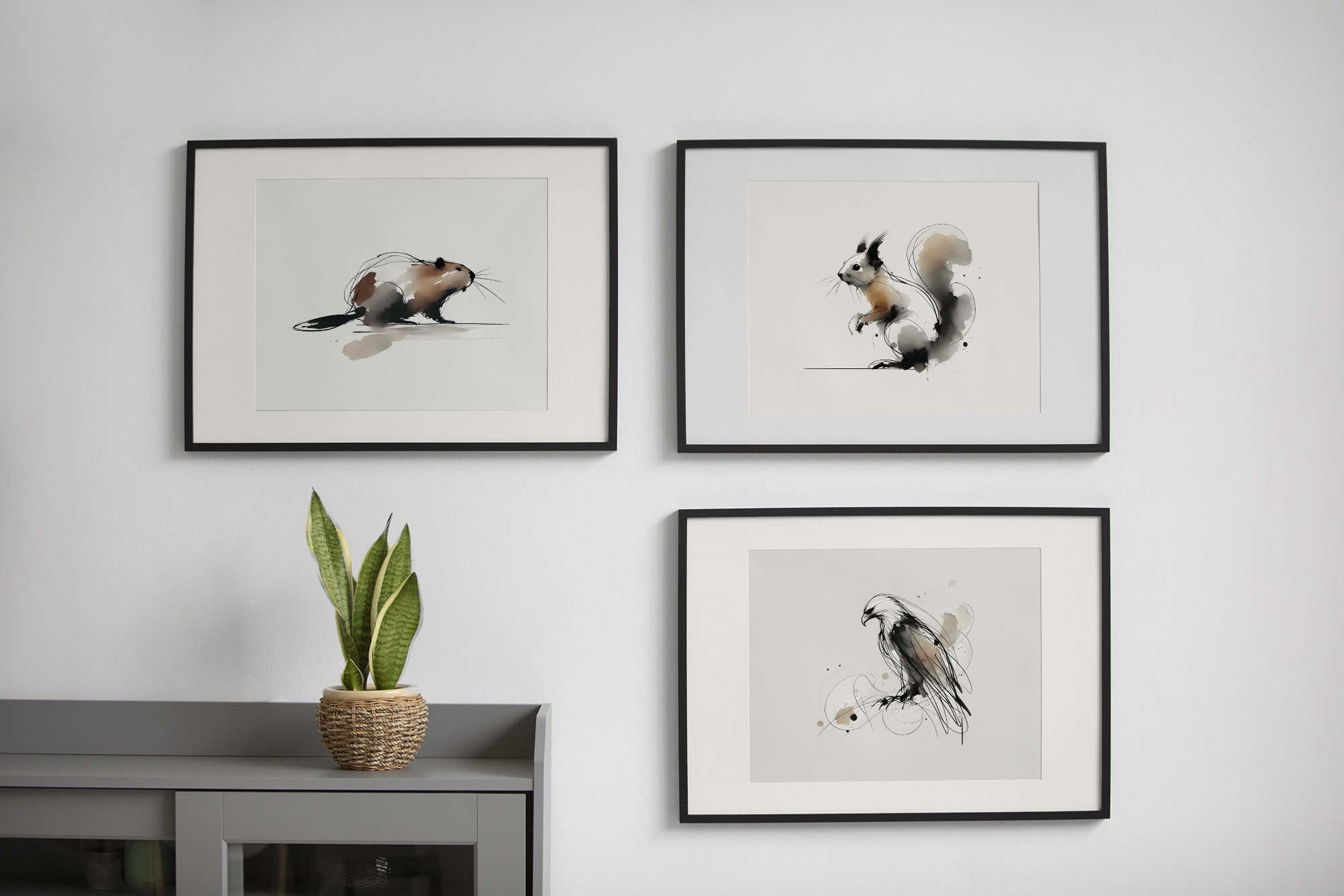 Minimalist gallery wall with framed abstract animal artwork arranged with balanced spacing in a modern interior.