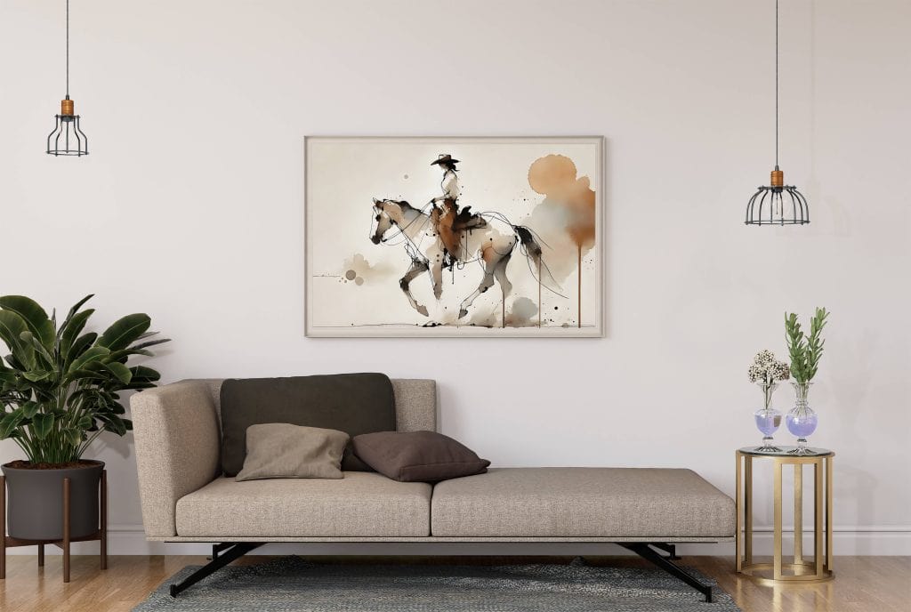 Framed wall art sized proportionally above a sofa, demonstrating the two-thirds rule for balanced wall art placement in a living room.